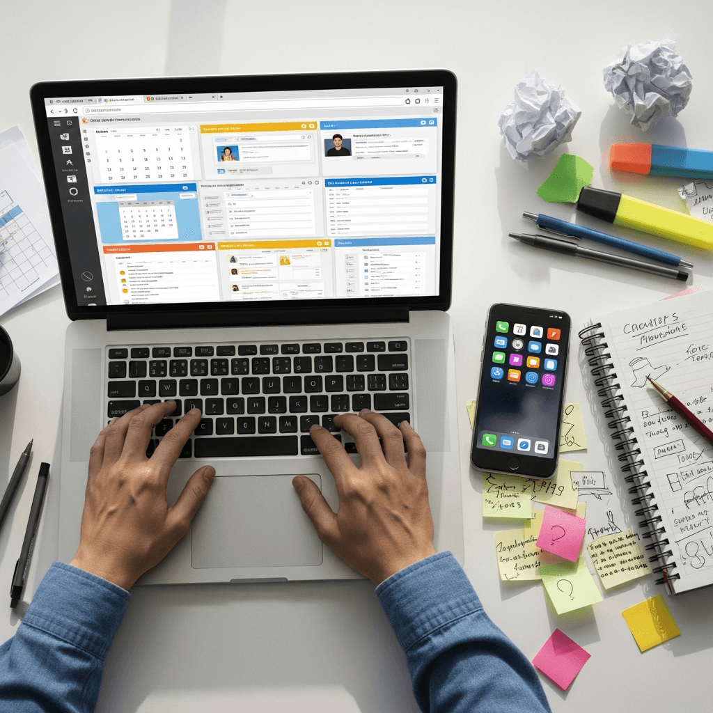 Laptop and smartphone with multiple planning apps creating digital productivity overwhelm