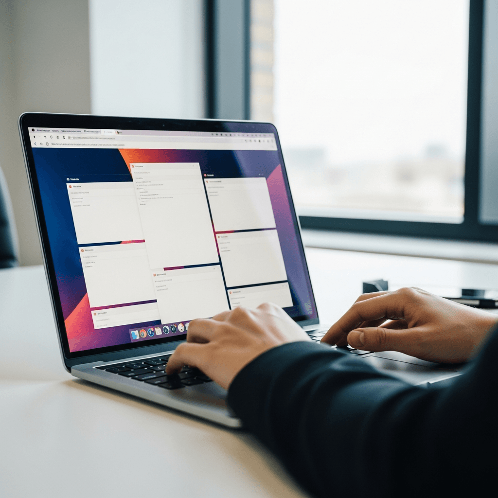 Busy workspace with laptop showing multiple AI productivity tools and browser tabs