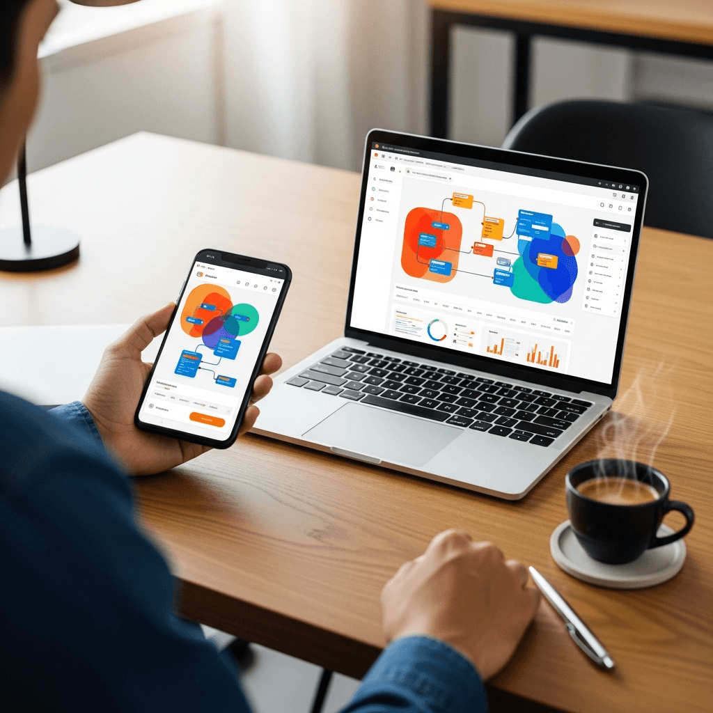 Smartphone displaying various planning and productivity app interfaces on a modern desk