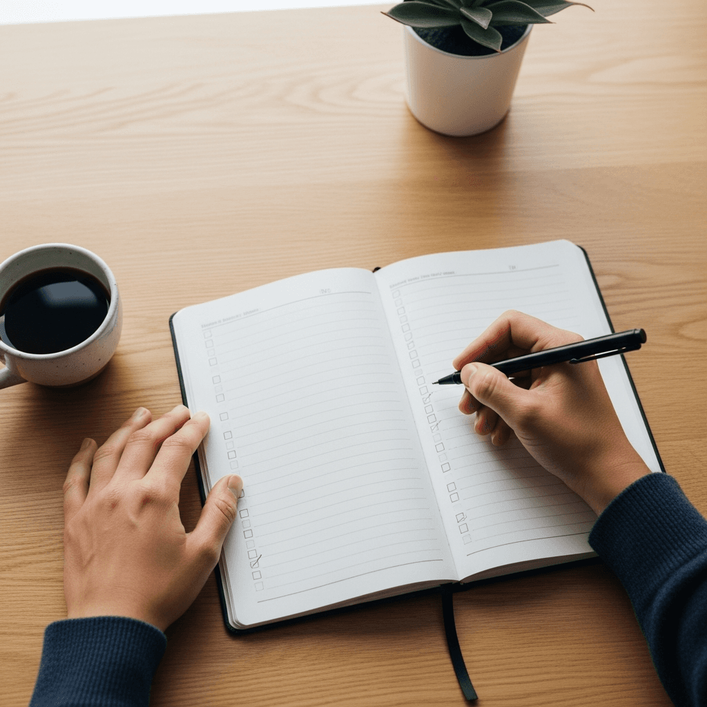 Clean notebook with simple checklist and pen on an organized minimalist desk